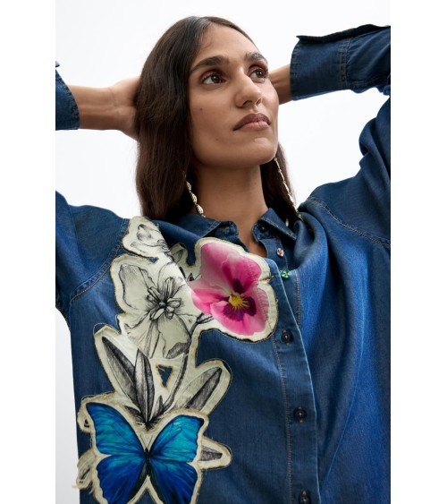 CAMISA DENIM CON FLORES DESIGUAL