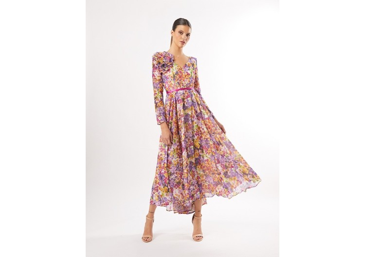 Vestido midi con microestampado floral de alegres tonos de Carla Ruiz 